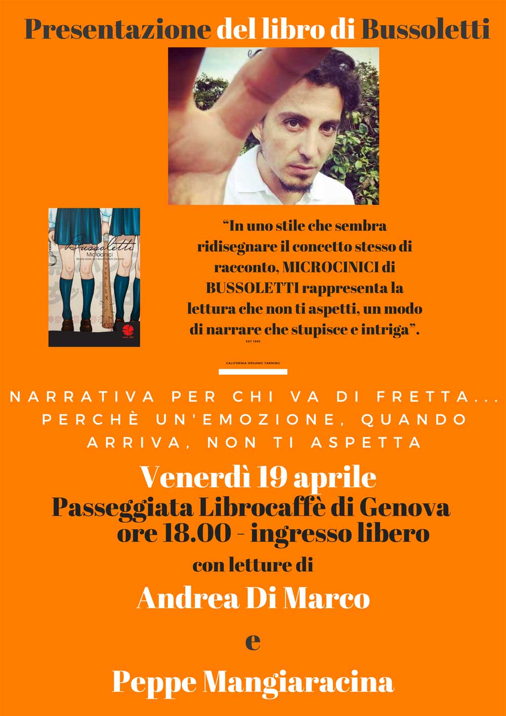 Read more about the article 19 aprile 2019 | Bussoletti presenta “Microcinici” a Genova
